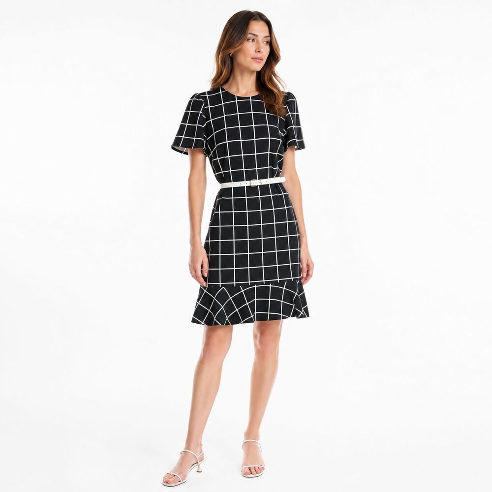 SHARAGANO Women’s 14 New Sheath Dress Nanette Navy White Belted Windowpane Plaid